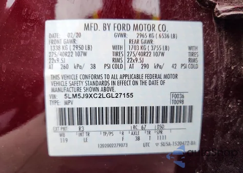 2020 Lincoln Aviator Black Label z USA, uszkodzony, nr VIN 5LM5J9XC2LGL27155